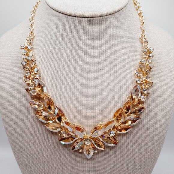 Gold Tone Crystal Rhinestone Statement Necklace, 19", Faceted Marquise Stones - Picture 1 of 10